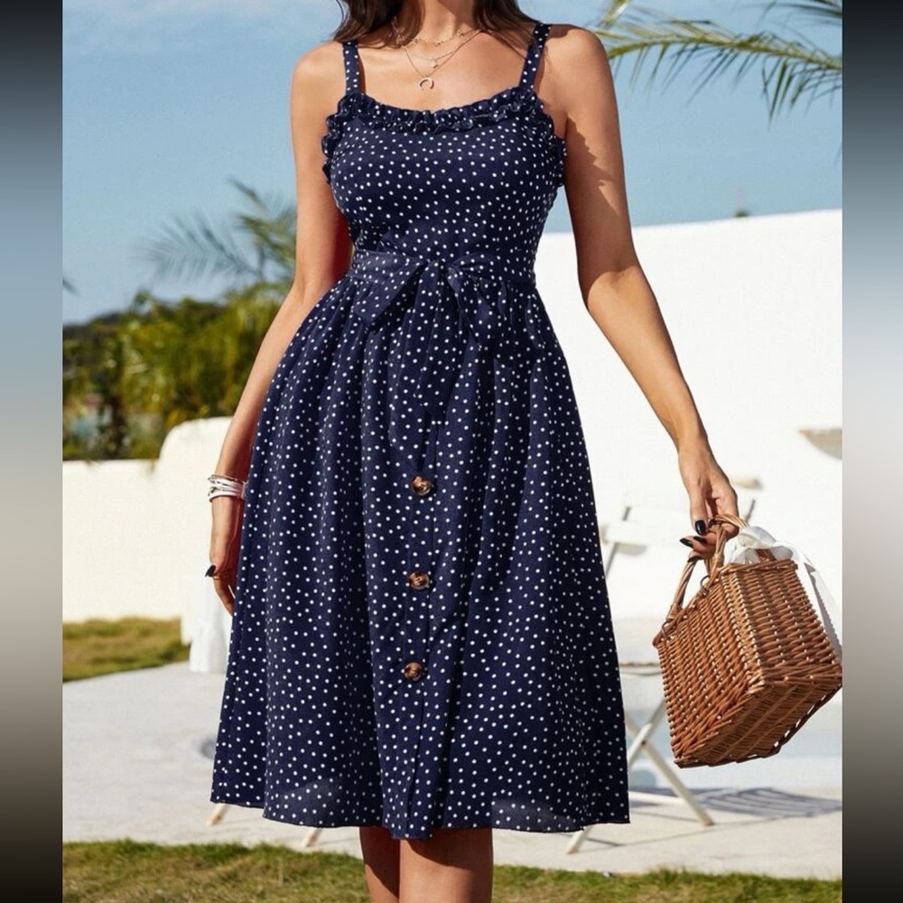 Boho Polka Dot Ruffle Sweetheart Neck Belted Cami Dress Navy Blue